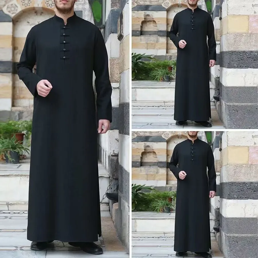 Muslim Robe Men Jubba Thobe Saudi Arabia Kaftan Black Stand Collar Abaya Qamis Caftan Islamic Men's Clothing Islam Dress Eid