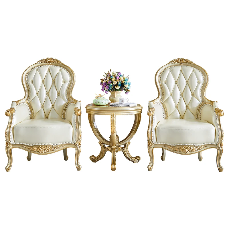 

European-style all-solid wood leather sofa chair villa luxury single leisure chair living room meeting tiger chair gold furnitur
