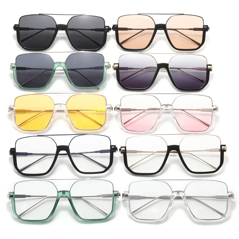 Sunglasses Women Summer Plain Face Double Beam Large Frame anti-blue Retro Glasses Advanced Sense Sun T134