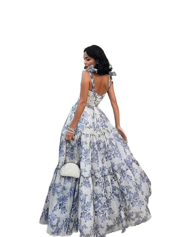

Long Dresses For Women Flower Printed Spaghetti Strap High Waist Large Skirt Hem Ladies Maxi Dress 2023 Summer Boho Beach Party