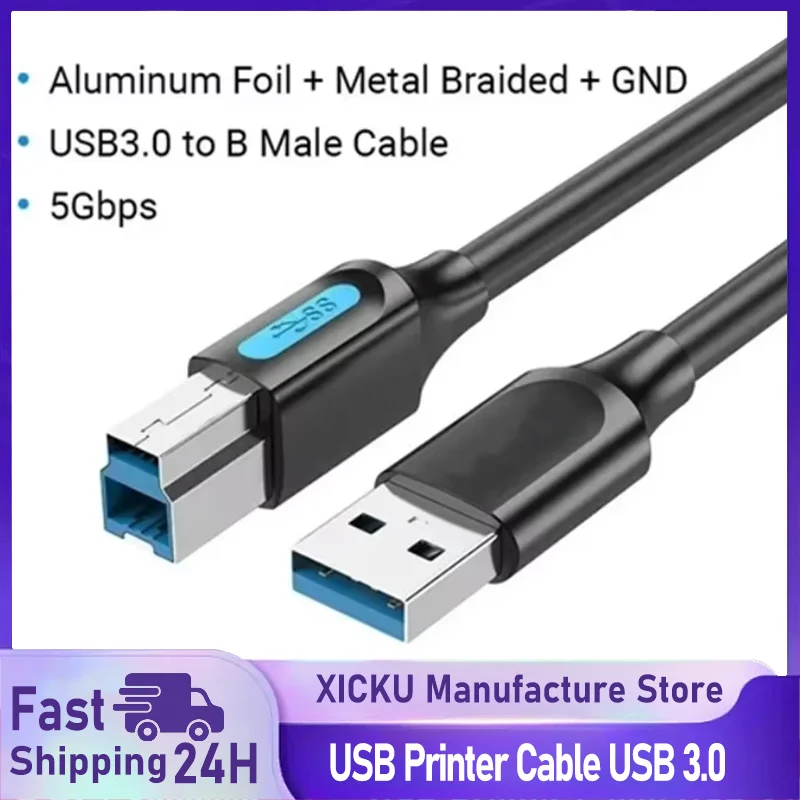 

New XIKCU USB Printer Cable USB 3.0 Type A Male to B Male Cable for Canon Epson HP ZJiang Label Printer DAC USB Printer 0.5m- 3m