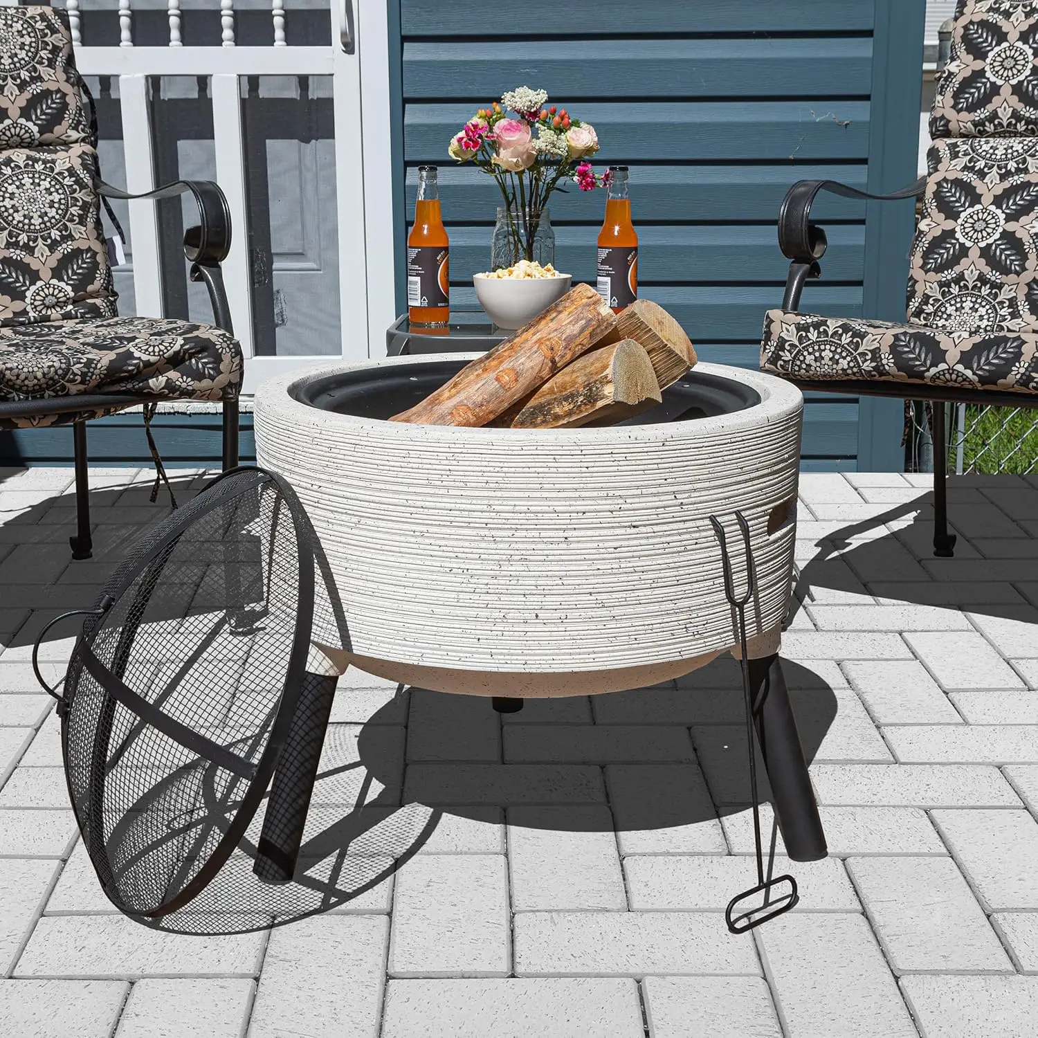 

Outdoor Fire Pit - 21” Round Faux Concrete Firepit - Wood Burning Fire Pit with Poker, Screen, Cover - Wood Fire Pits