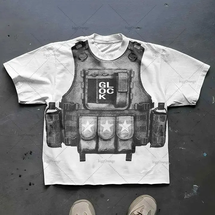 American Retro Bulletproof Vest Pattern Oversized Casual Versatile T-shirt Men Harajuku Y2K Street Hiphop Loose Fashion Clothing