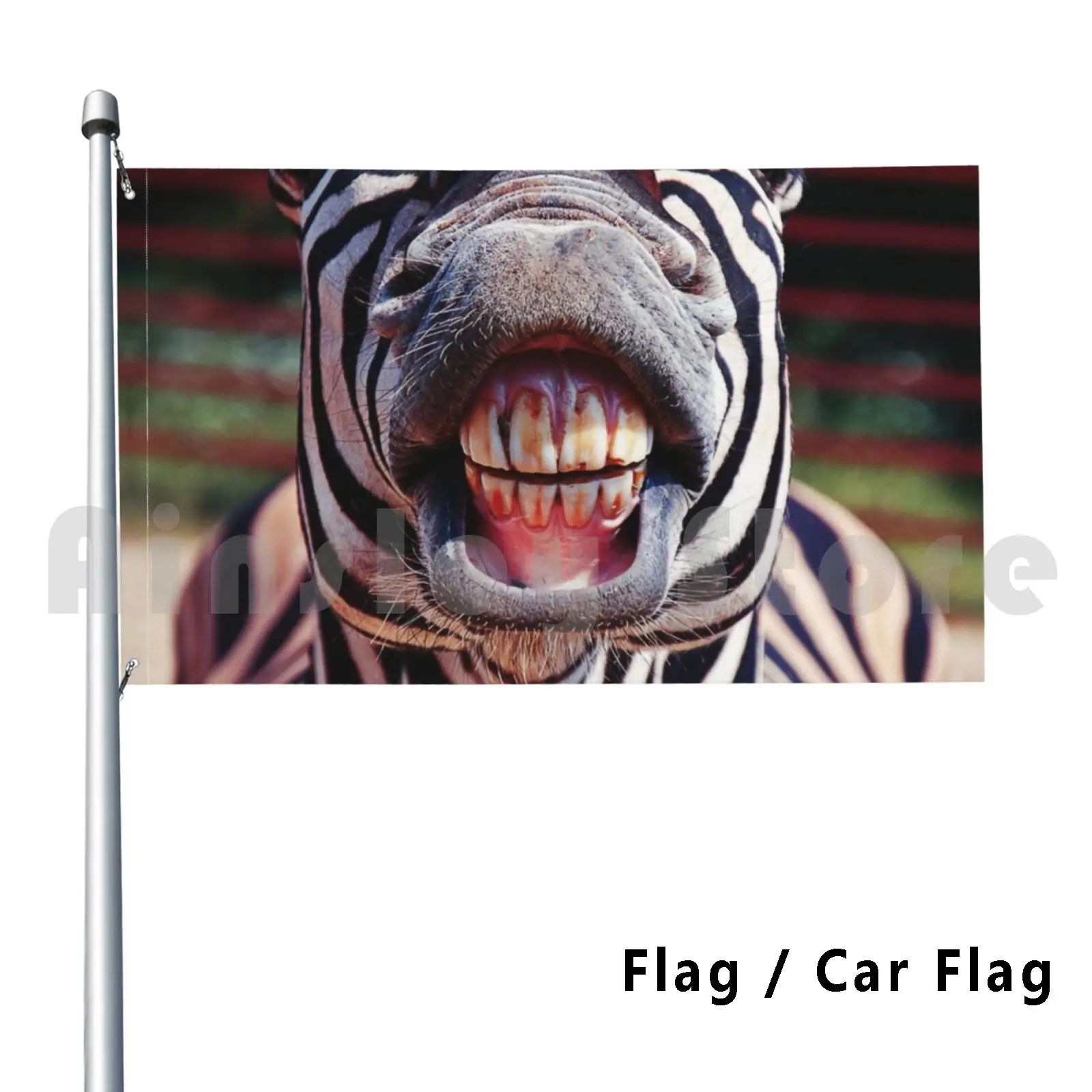 Flag Car Flag Funny Zebra Horse Showing Teeth And Tongue Out Smile Close Up Face Covering Outside