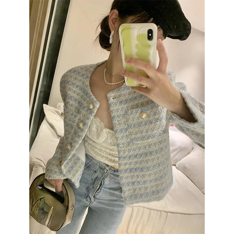 MEXZT Vintage Cropped Jackets Women Korean Tweed Striped Short Coat Spring Autumn Elegant Loose Casual All Match Outwear Tops