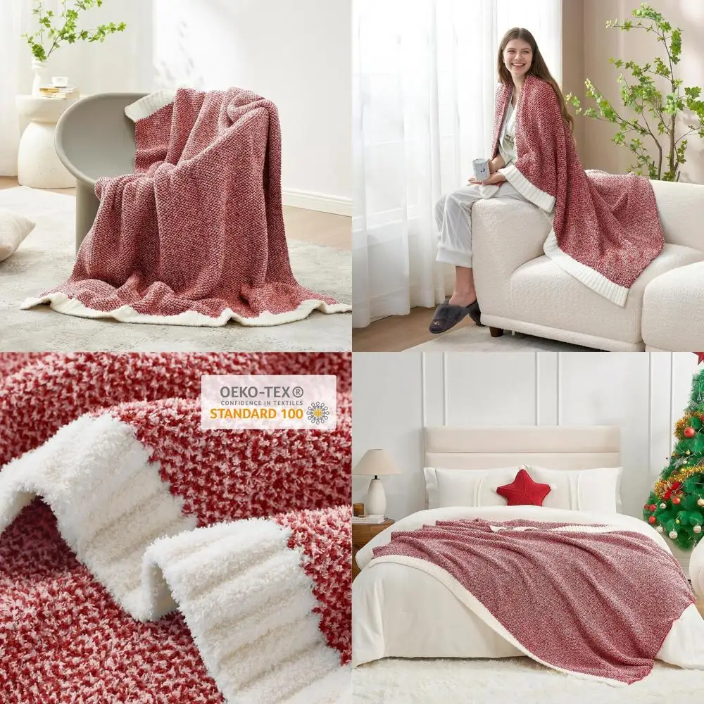 

Рождественское красное плюшевое вязаное одеяло двойного размера, уютное одеяло 60x80 для дивана, дивана, кровати