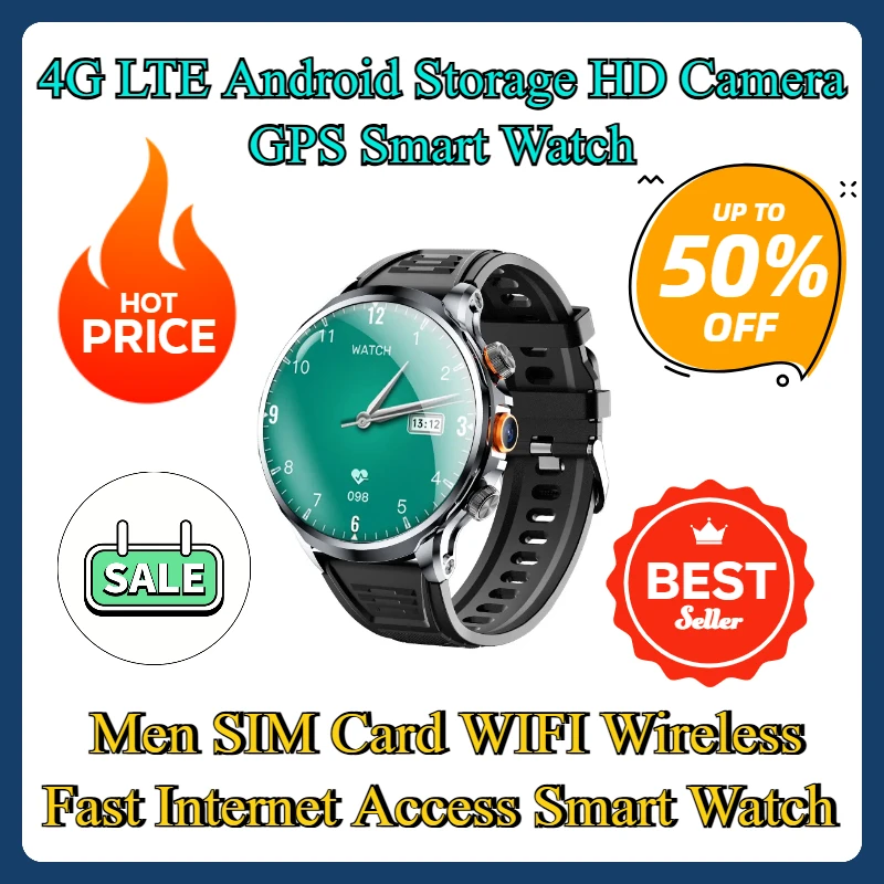 Men SIM Card WIFI Wireless Fast Internet Access Smart Watch 4G LTE Android Storage HD Camera GPS Smart Watch