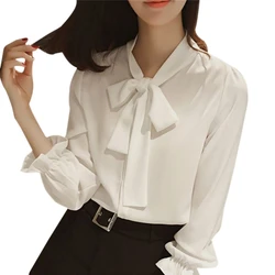 Women's Bow Tied Neck Chiffon Blouses Casual Loose Long Sleeve Office Work Solid Tops Shirts