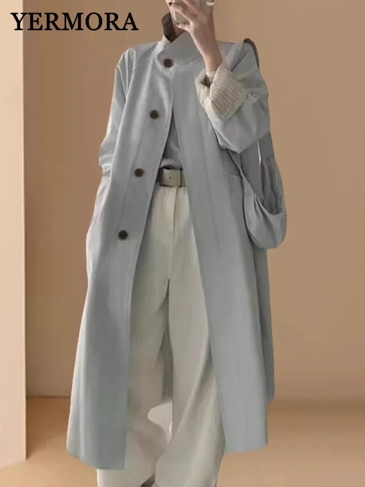 

YERMORA Light Blue Button Brief Casual Trench For Women Lapel Long Sleeve Loose New Windbreaker Fashion Tide Spring Autumn 2025