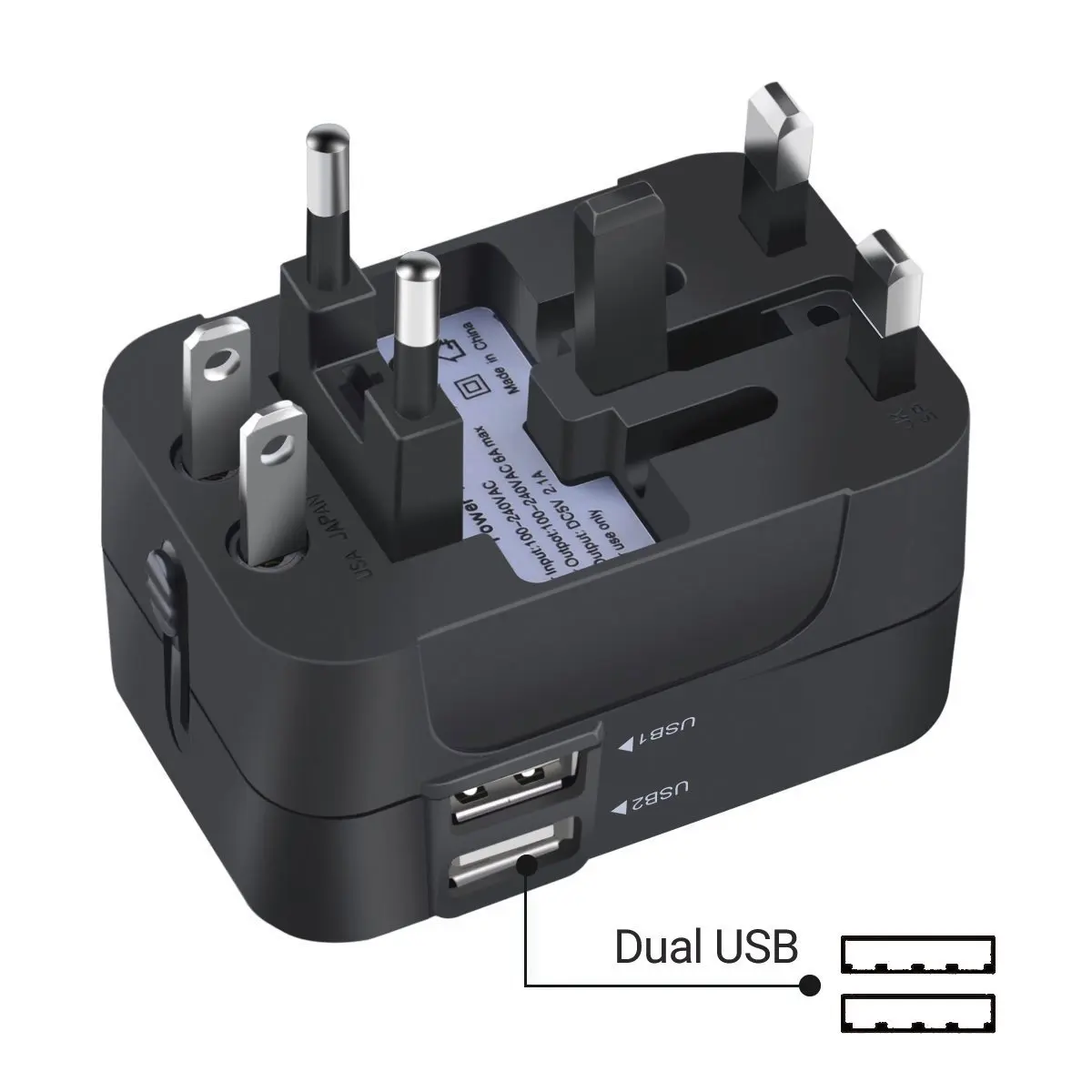 BISON 202 Universal Travel Adapter, Dual USB 2.1A Ports, Worldwide AC Power Plug Converter, Safe Socket