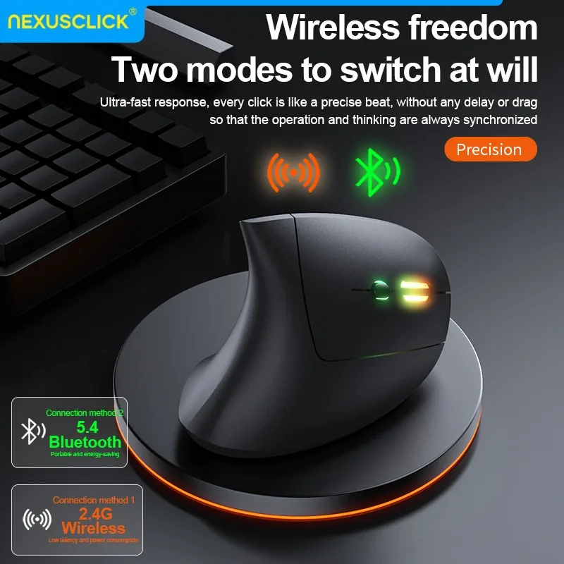 NexusClick Vertical Ergonomic Mouse, 2.4G Bluetooth Wireless Rechargeable Office Mice Adjustable DPI 6 Mute Buttons For Computer