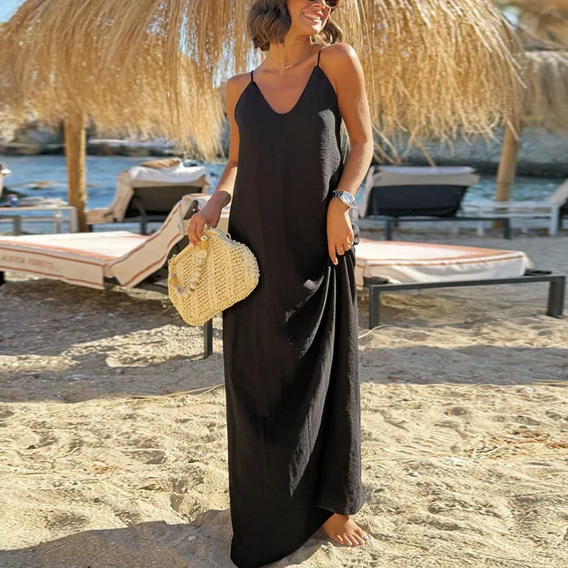 Chic Spaghetti Strap Beach Maxi Dress Womens Summer Backless Sleeveless Elegant Party Dress Retro Solid Simple A-Line Boho Dress