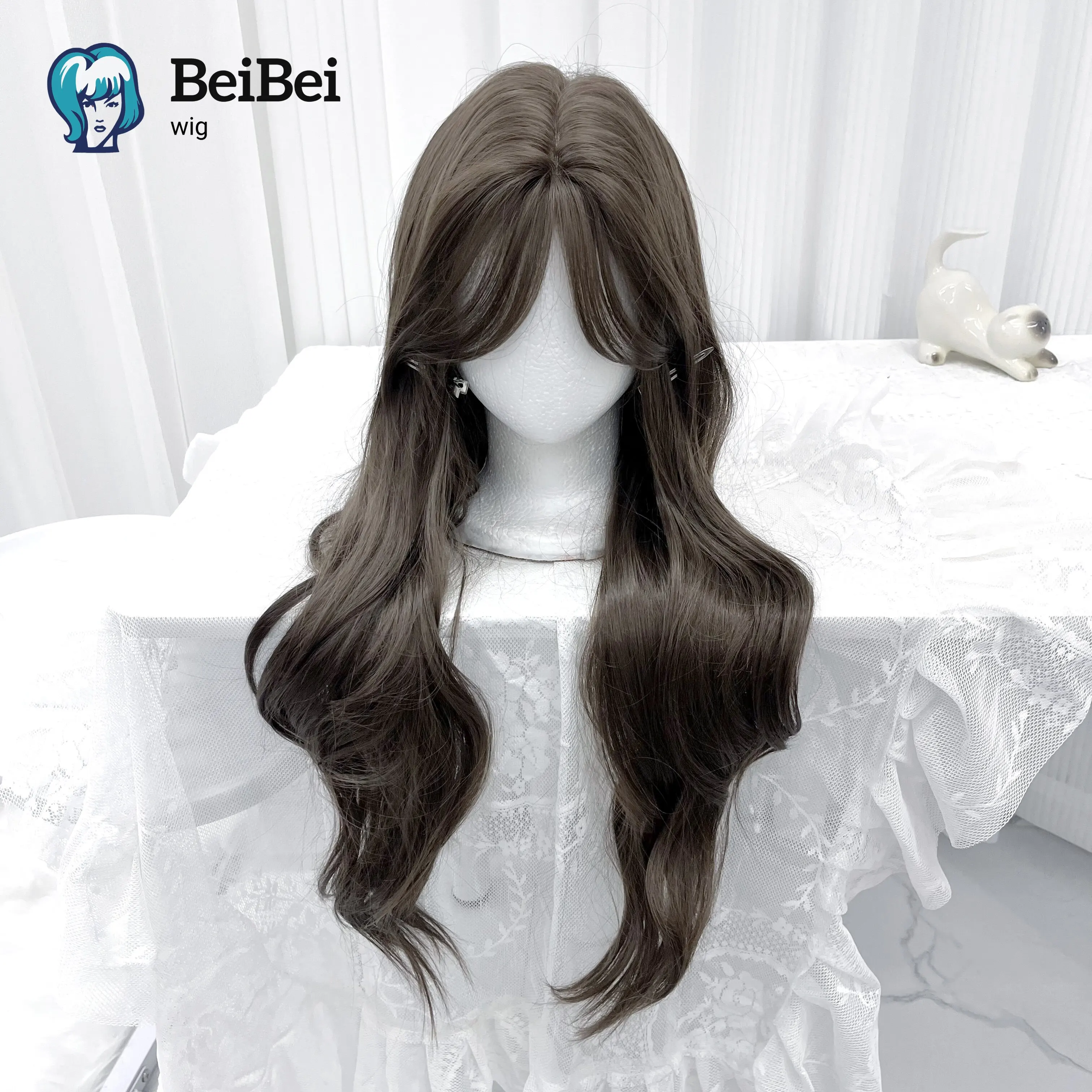 

Long Curly Cool Brown Hair Wig with Bangs Lolita for Women with Heat Resistant Synthetic Wigs Natural Hairline Cosplay Party