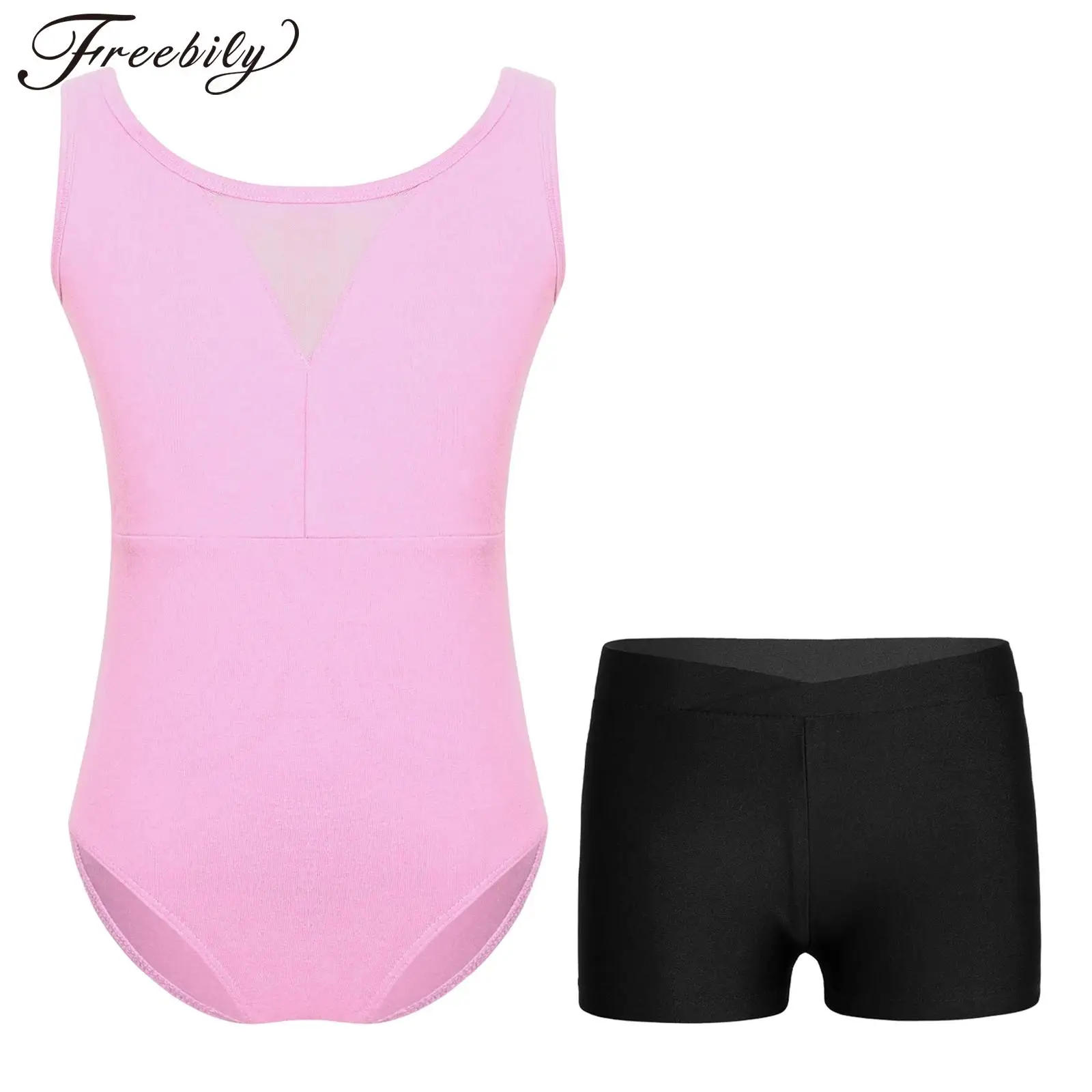 

Kids Girls Dance Gymnastics Training Performance Outfit Sets Sheer Mesh Patchwork V-Back Ballet Leotard Bodysuit with Shorts