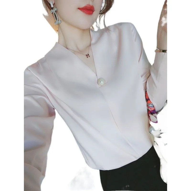 

Шелковистая атласная блузка V-Ne из ацетата Ранняя весна Faionable с высокой талией A-Line Sve Long Sve Женская премиум-класса irt