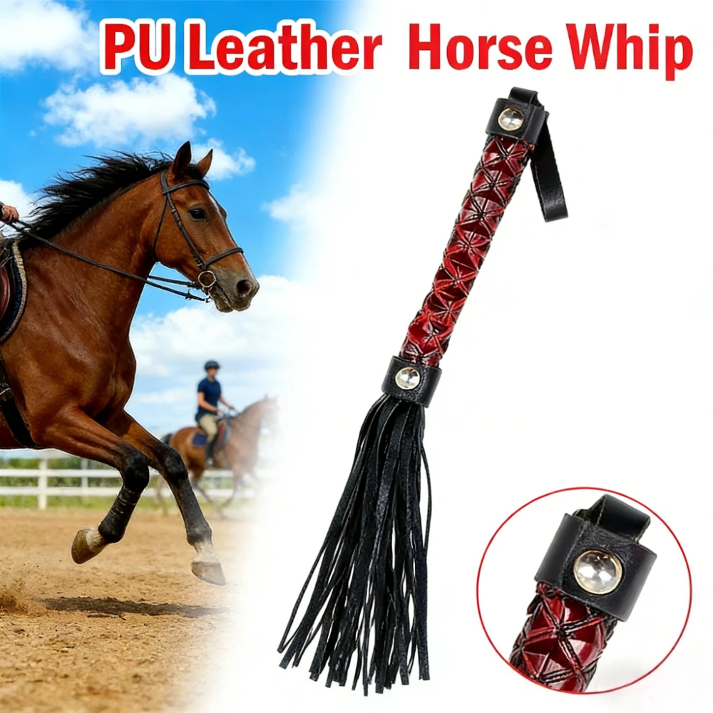 

Short Horse Whip PU Leather Non Slip Riding Crop Tassels Handle Equestrian Queen Black Teaching Riding Whip Horse Accessories