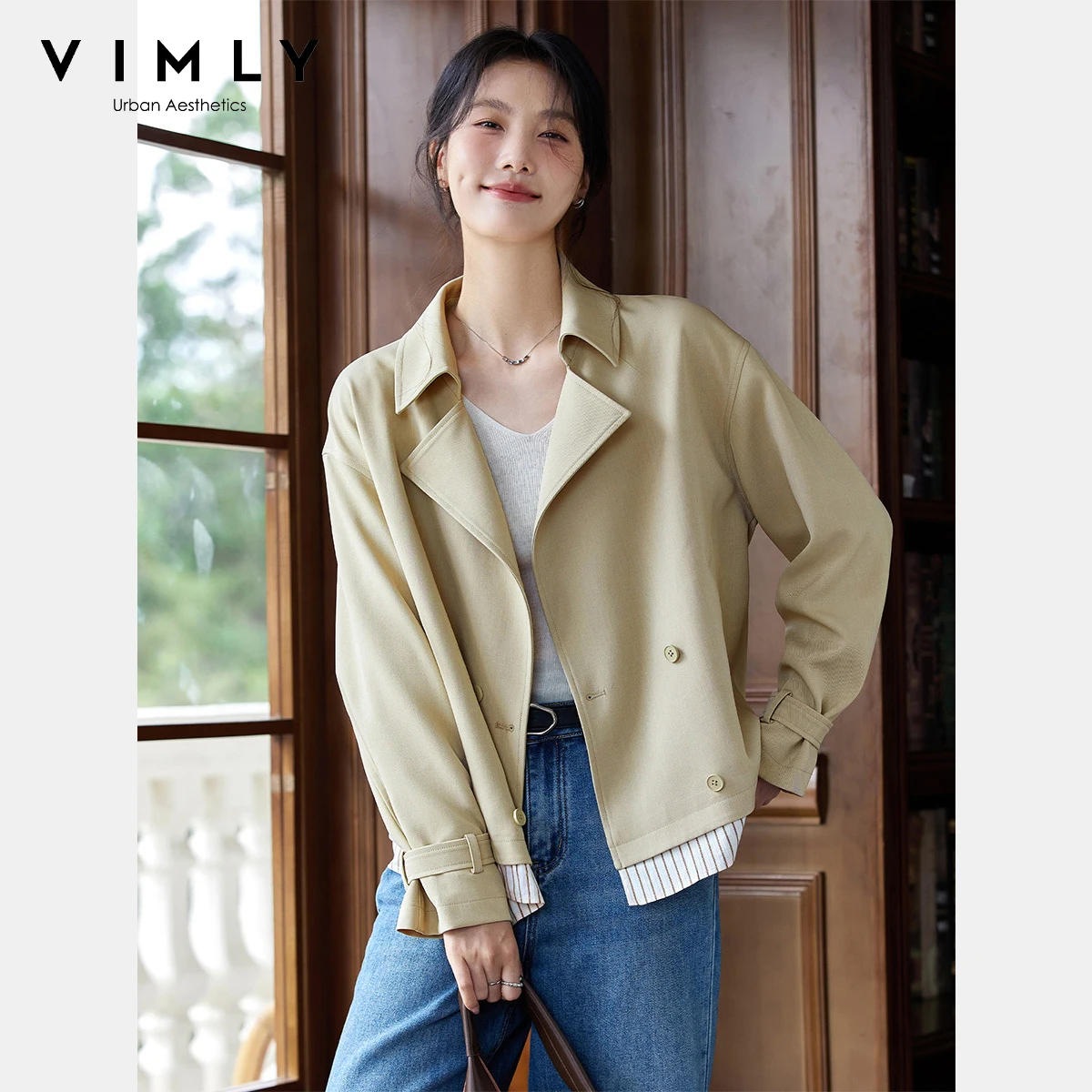 VIMLY Women's Midi Khaki Trench Coat Autumn 2025 Office Wear Striped Cuff Long Sleeve Pleated Trench Femme Straight Coats A0551