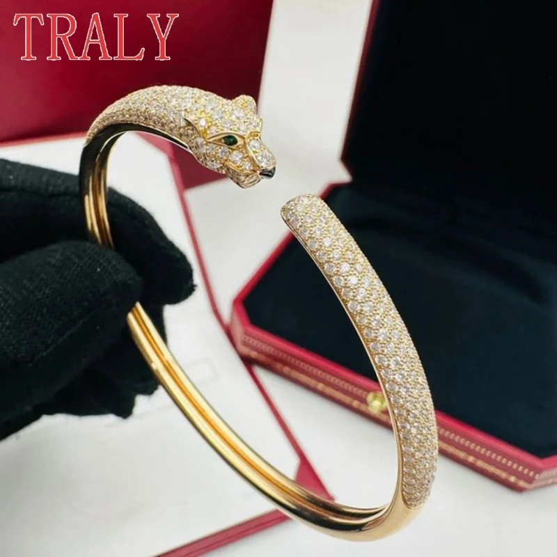 

925 Sterling Silver Leopard Head Bracelet for Couples Inlaid Full Diamonds High Quality Bangles Women and Men Jewelry Party Gift