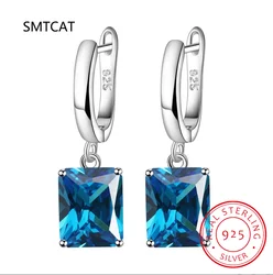 Square Genuine Blue Topaz Amethyst Citrine Garnet Created Sapphire Ruby Emerald 925 Sterling Silver Stud Earrings