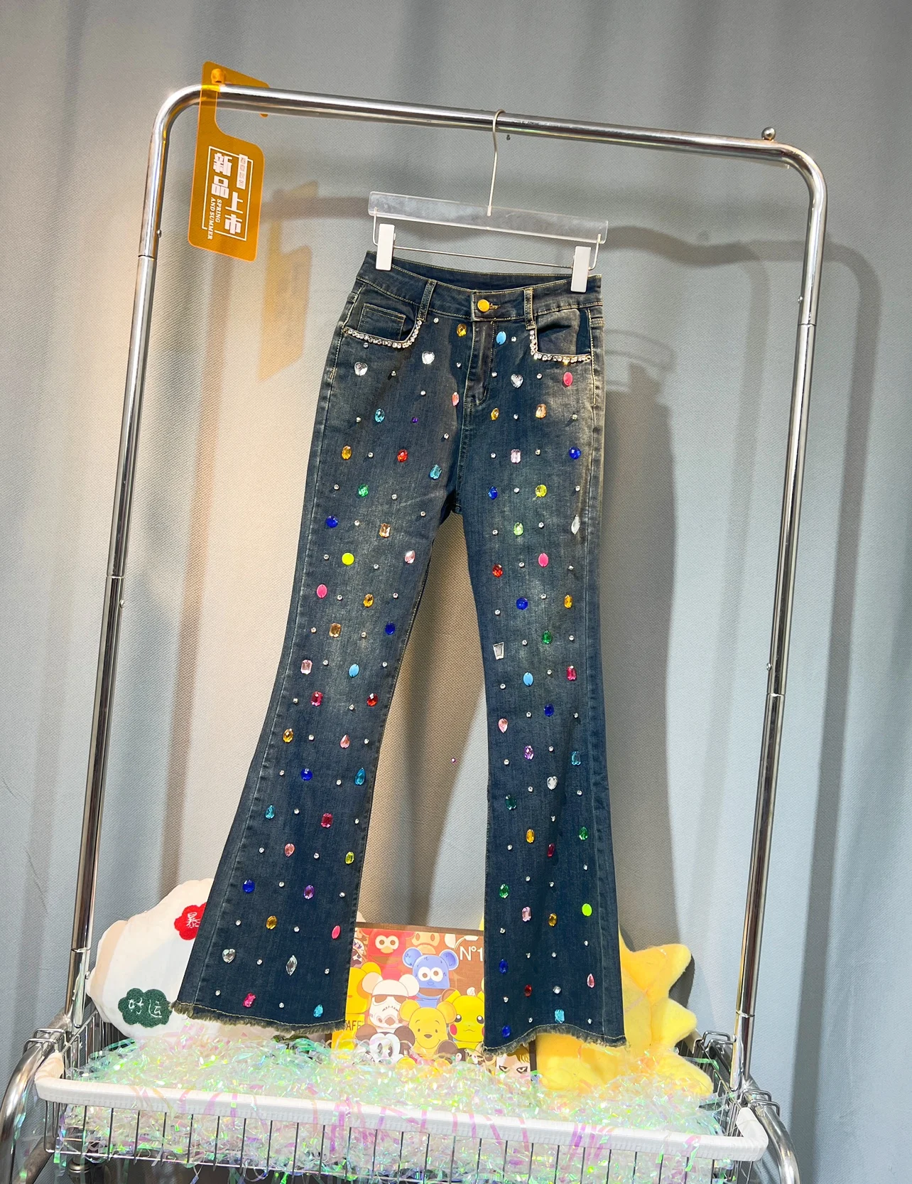 Mulheres Pedras Preciosas Coloridas Beading Flare Pants, Jeans de Cintura Alta, Diamantes Denim Pants, Moda Luxo, Outono, Novo