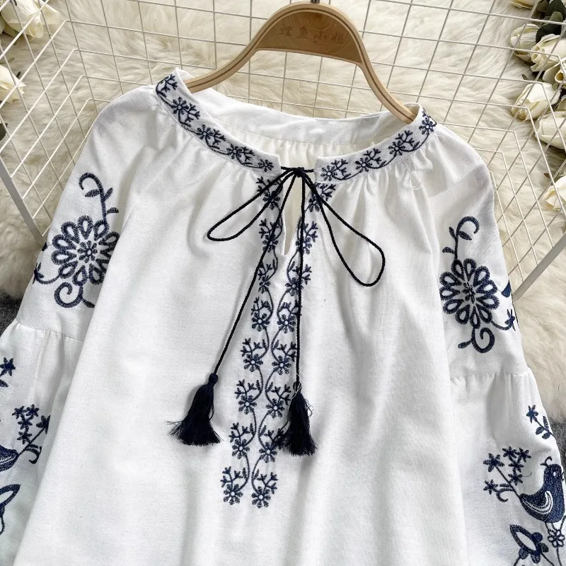 Neploe Vintage Heavy Embroidery Shirts Women Y2k Lace Up O-neck Tassel Blusas Mujer 2024 Spring New Long Sleeve Loose Blouses