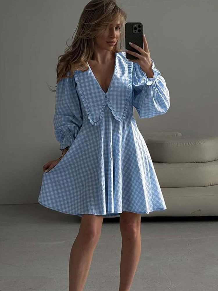 Mumaroho 2024 Autumn Winter Women France Plaid Dress Sexy Deep V Neck Long Sleeve A-Line Mini Flare Dress For Women