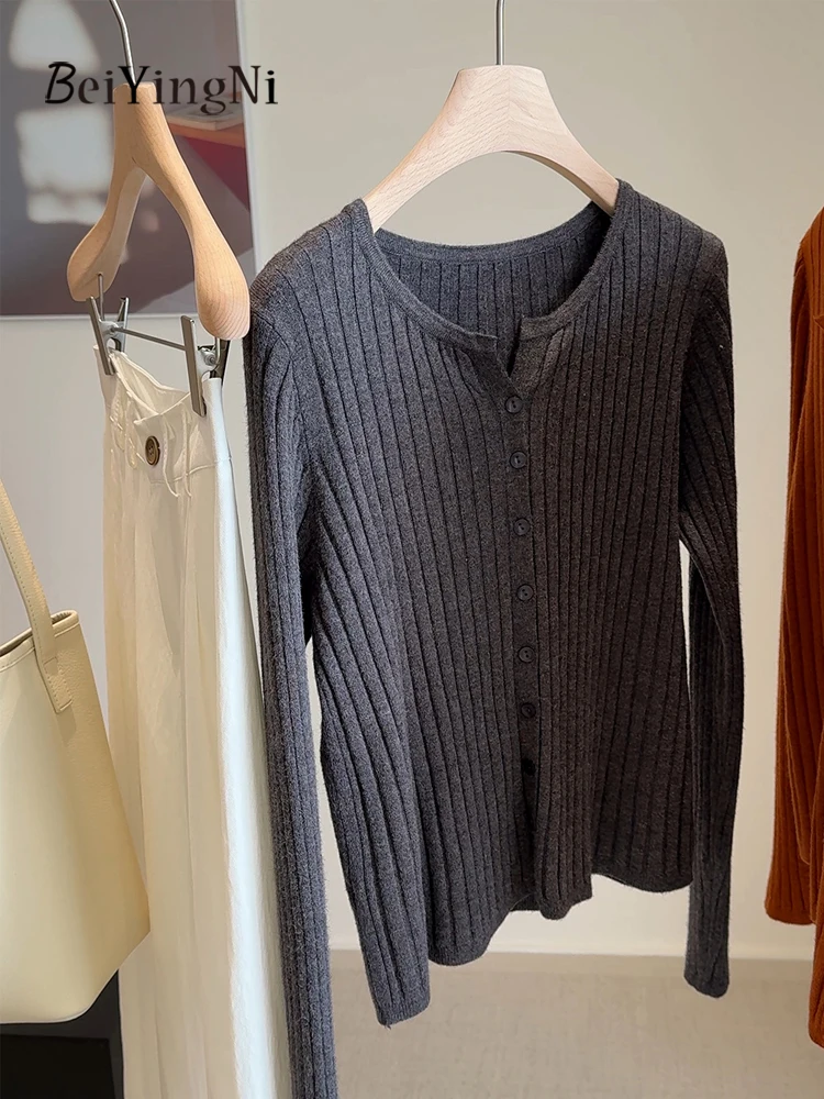 Beiyingni Female Cardigans Autumn Winter Korean Fashion Women's Single-breasted Sweater Plain Outwear Street 2025 Knitted Tops