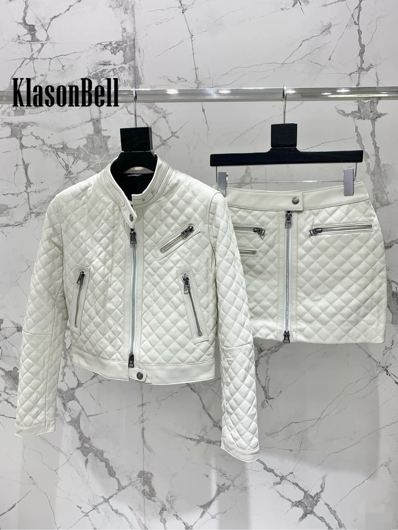 8.6 KlasonBell Women New Runway Stitched Argyle Plaid Stand Collar Genuine Leather Jacket Or Multiple Zipper Mini Skirt Set