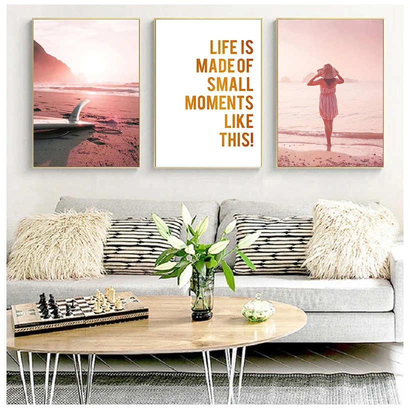 Pink Sunset Beach Coconut Tree Surfboard Wall Art Canvas Painting Nordic Posters And Prints Wall Pictures For Living Room Decor