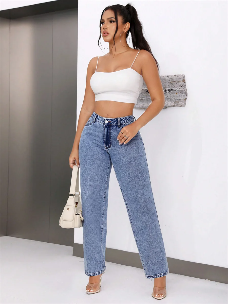 Benuynffy Vintage Blue Mid Waisted Jeans Women\'s American Casual Mom Pants Streetwear Fashion Denim Straight Long Trousers