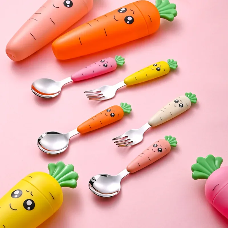 Cartoon Carrot Spoon Baby Rice Spoon Cute Short Spoon Fork Children's Tableware Set Stainless Steel