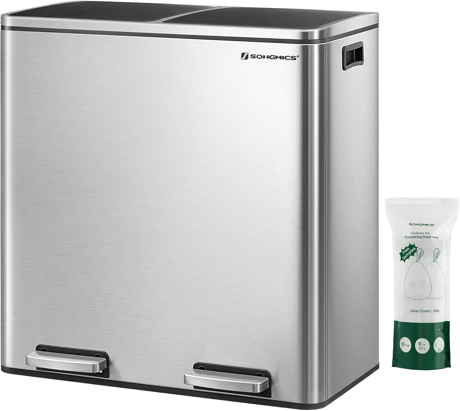 

Dual Compartment Kitchen Trash Can with Pedal, 2 x 30L Capacity, Airtight Lids, Includes 15 Bags