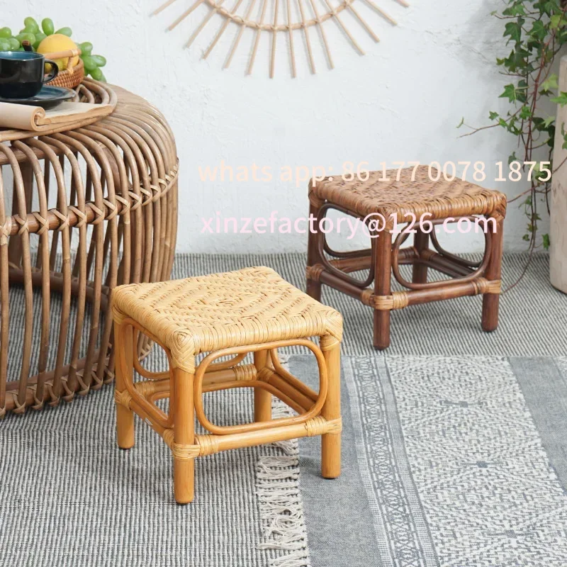 Customizable Hand Woven Rattan Stool,Retro Pastoral Stools,Outdoor Camping Chair,Home Furniture,Shoe Changing Stool,Footstool