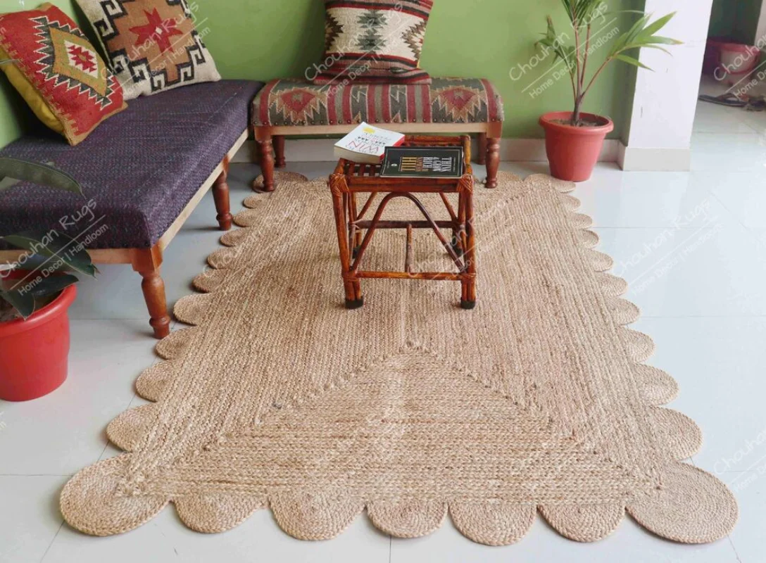 Natural Jute Rug Hand Braided Scalloped Handwoven Runner Carpet Decorative Area Rugs Bedroom Living Room Decoration