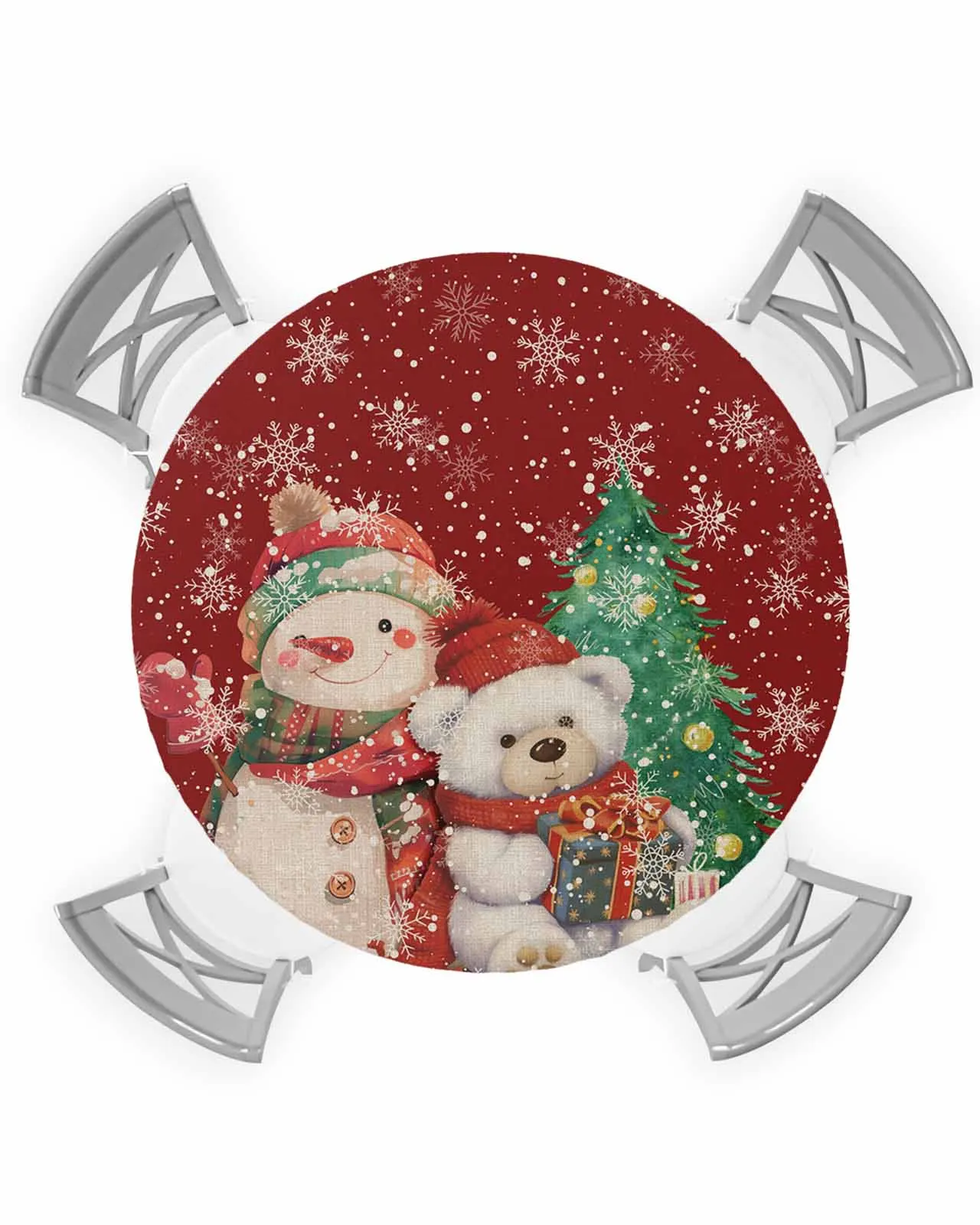 Christmas Snowflake Bear Snowman Round Elastic Edged Table Cover Protector Cloth Waterproof Fitted Tablecloth