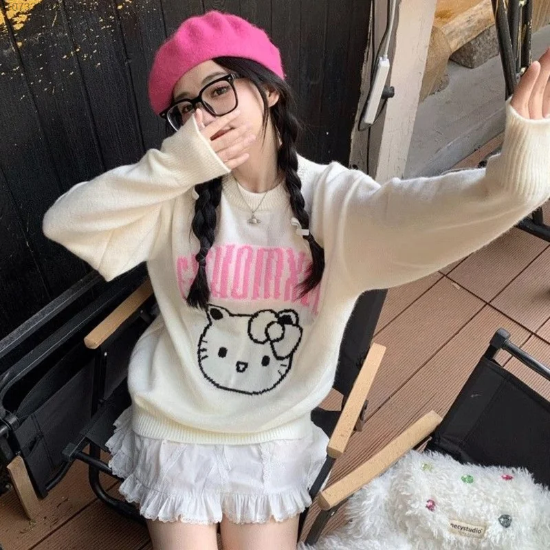 Sanrio Hello Kitty Jacquard Sweater Women Autumn Winter New Loose Round Neck Soft Knitwear Tops Japanese Style Cute Pullover Y2k