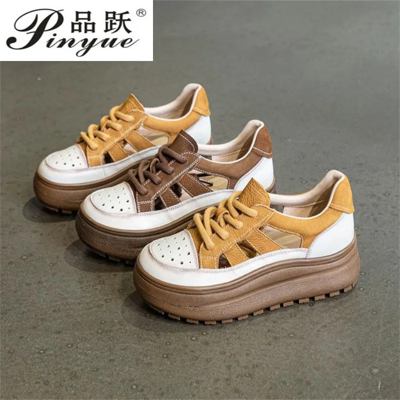 

Летняя женская обувь 5 см, разноцветные дышащие женские повседневные кроссовки из натуральной кожи на массивной платформе со шнуровкой, размеры 35-40