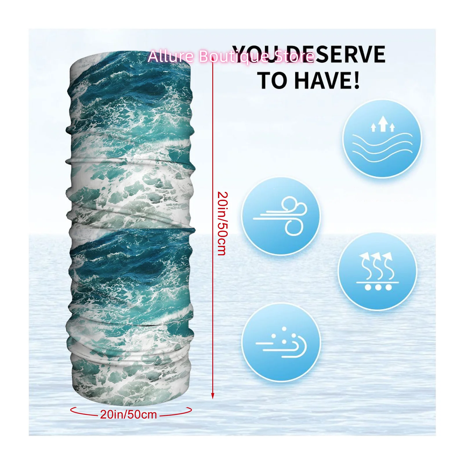 Ocean Waves, Turquoise Waters, White Foam Print Scarf, Fashionable Knitted Tube Bandana for Men and Women, Versatile Headband fo