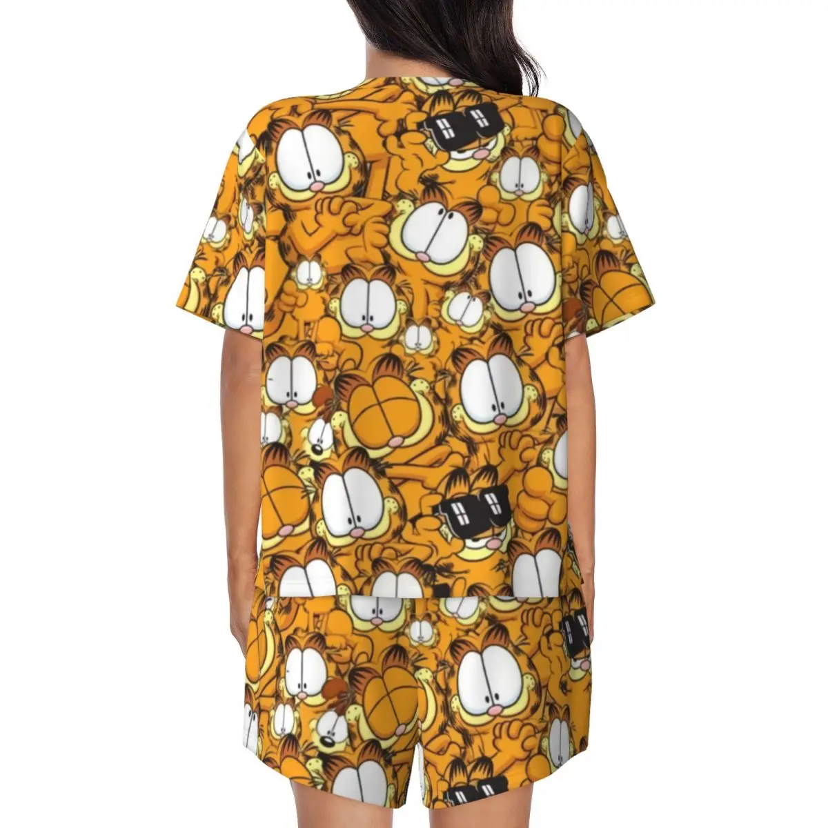 Conjunto de pijama personalizado de Manga corta para mujer, ropa de dormir de 2 piezas con patrón de gato de dibujos animados de Garfield, pantalones cortos PJS