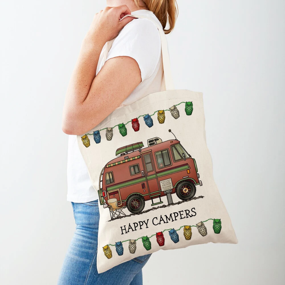 Cartoon House Travel Car Shopper Bag Happy Camper Van Life Tote Handbag Both Sided Casual Lady Canvas Women Shopping Bags