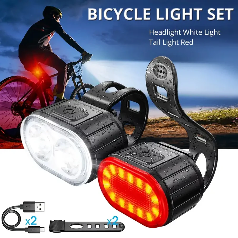 Bicycle Front and Rear Light Set USB Rechargeable LED Bike Lights Multi-Functional Bike Headlight and Tail Light