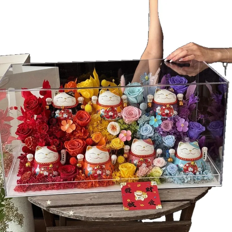 Eternal flower cat gift box, dried roses opening housewarming, birthday gift ornament for friends, colleagues, customers