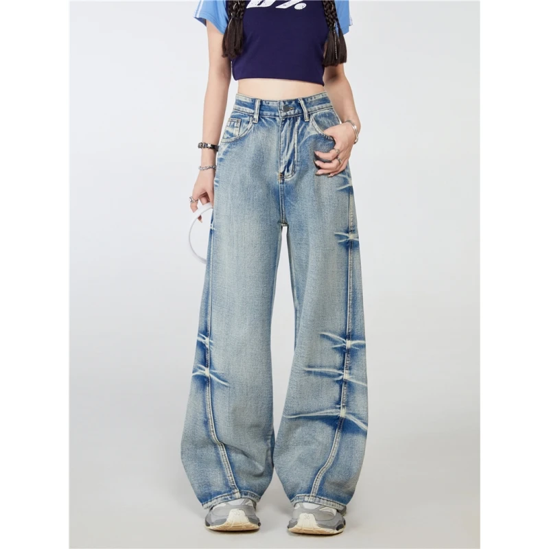 

2024 Blue Womens Jeans Spliced Straight Black Baggy Denim Pants Europe and America Fashion Y2K Female Wide Leg Denim Trouser