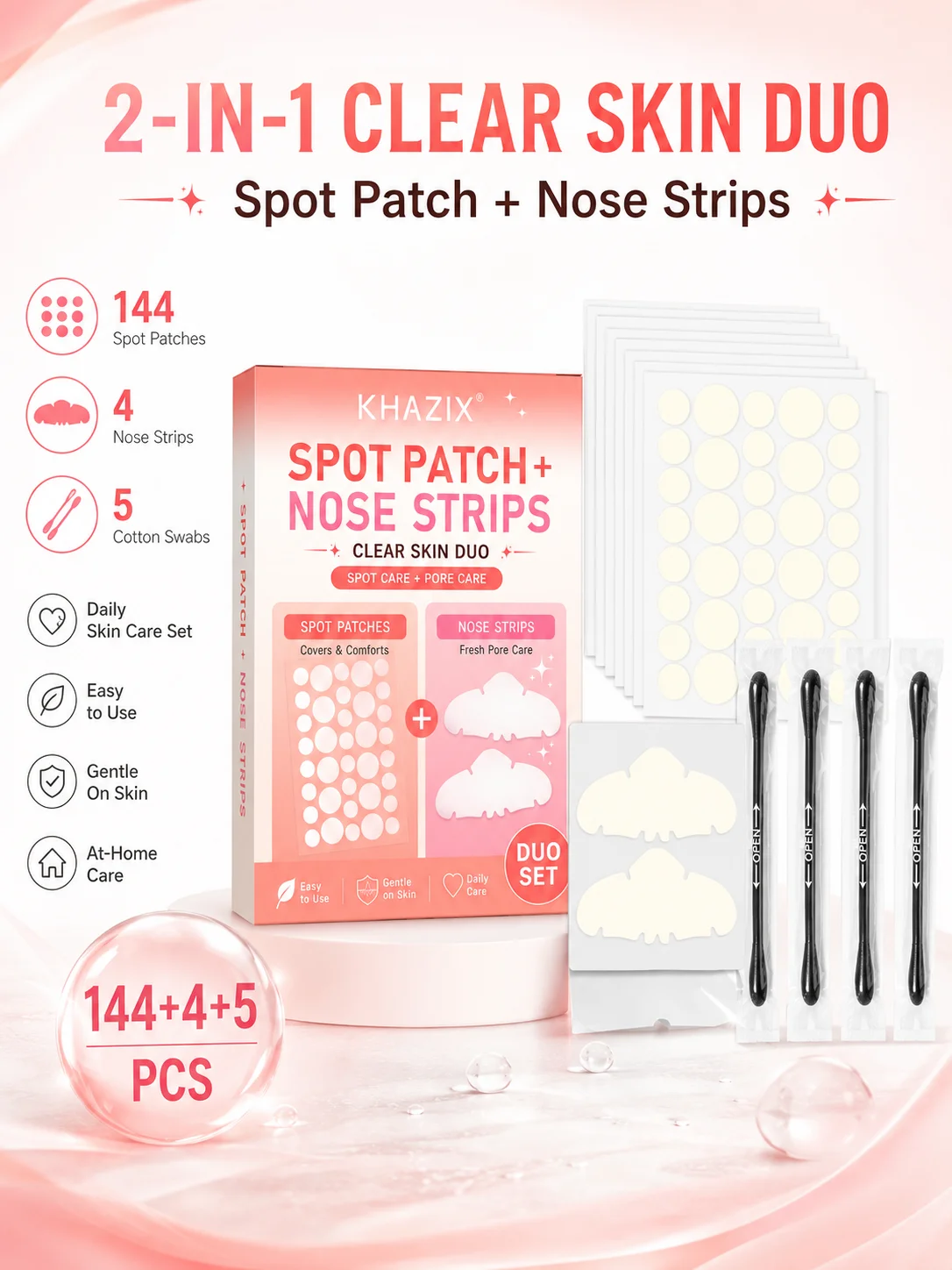 144+4+5-piece acne patch and nose strip combo pack, includes cleansing cotton swabs, gentle and non-irritating, effectively clea