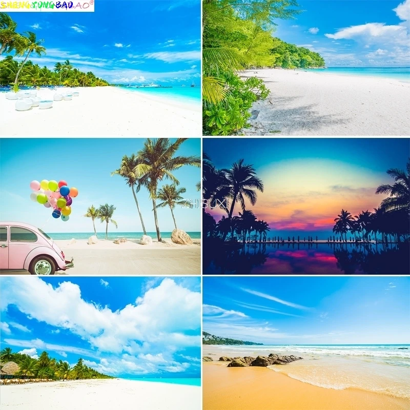 Tropical Beach Sea Ocean With White Cloud Blue Sky Photography Backdrops Sandy Palms Trees Island Maldives Background BU-02