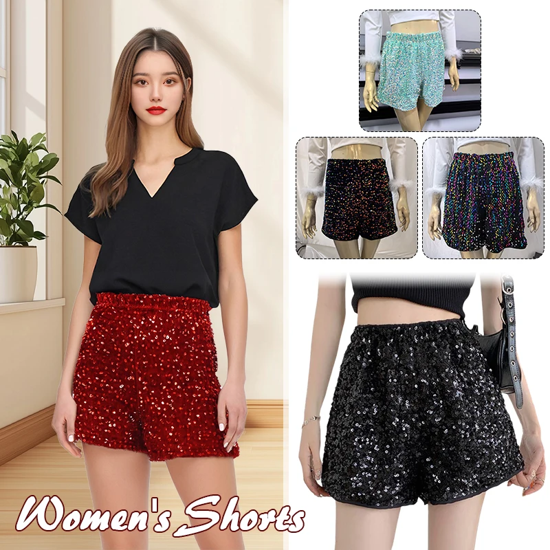 Women Fashion Sequin Black Shorts Summer Streetwear Elastic High Waist Hot Pants Nightclub Party Dance Shiny Sequin Shorts