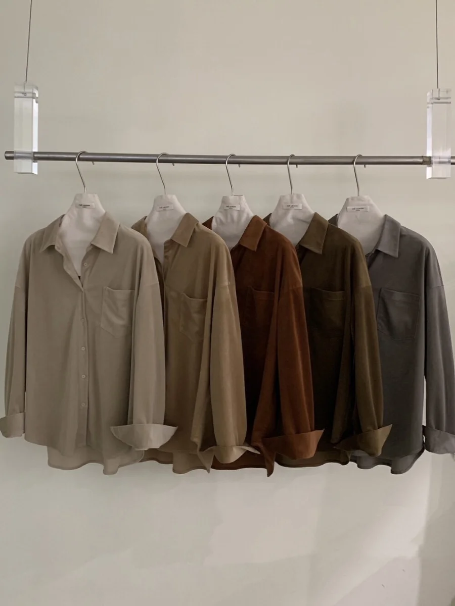 Waed Wildleder Commuter irt Classic Herbst Winter Loose Fit ket Detail Straight Cut Long Sve Collar Pure Color