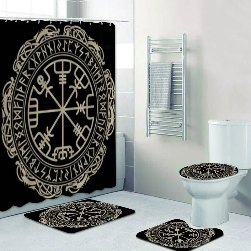 Bathroom Set Nordic Viking Helm of Awe Icelandic Magical Staves Scandinavian Shower Curtain  Vegvisir Mats Rugs Bath Decor