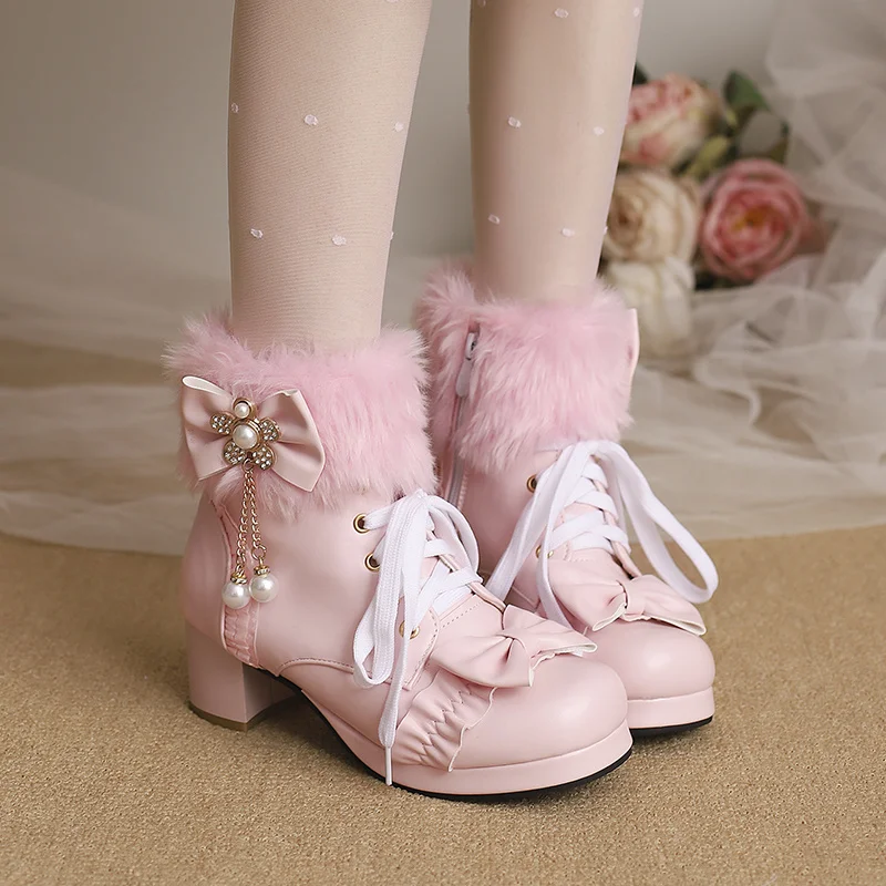 

2023 Sweet Crystal Flower Pearl Chain Fur Mid-calf Ladies Boots Winter Block High Heel Cross-tied Botas Party Shoes for Women