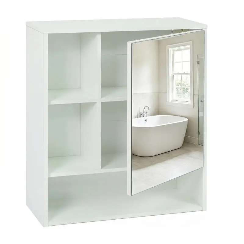 Wall-Mounted Mirror Cabinet with 2 Hidden Shelves and 3 Open Compartments-White view 2